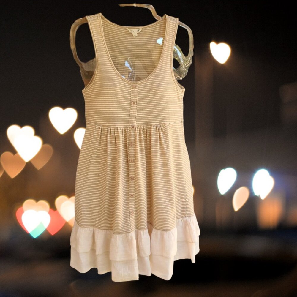 mine... Womens Top Blouse Tunic Sleeveless Ruffled Tan Striped Cotton Size S